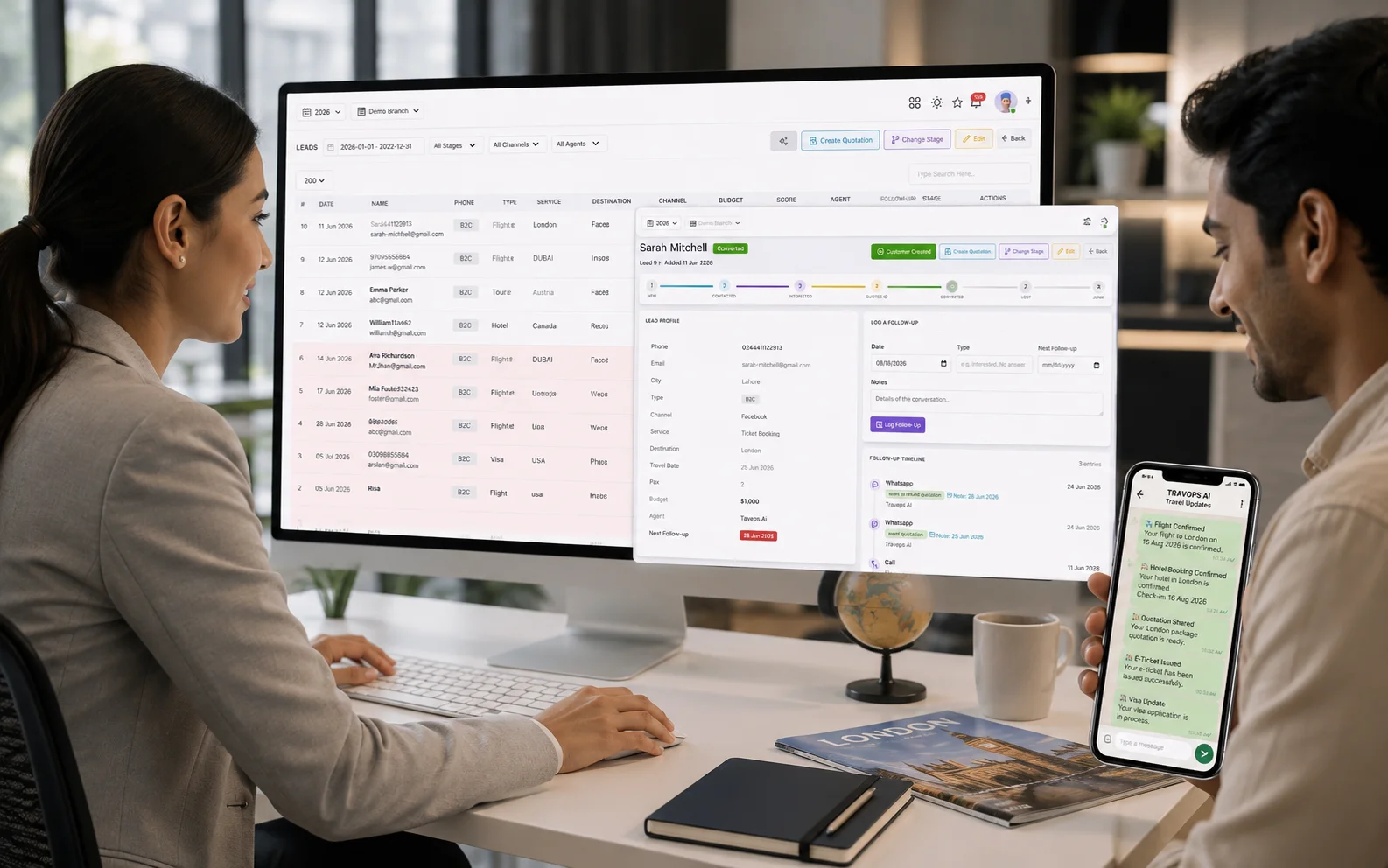TravOps AI CRM lead pipeline and customer profile with WhatsApp booking updates shown alongside