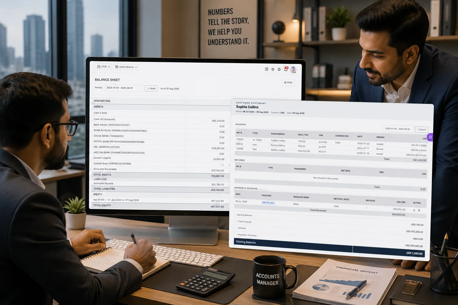 TravOps AI balance sheet and customer statement showing assets, liabilities and running balance