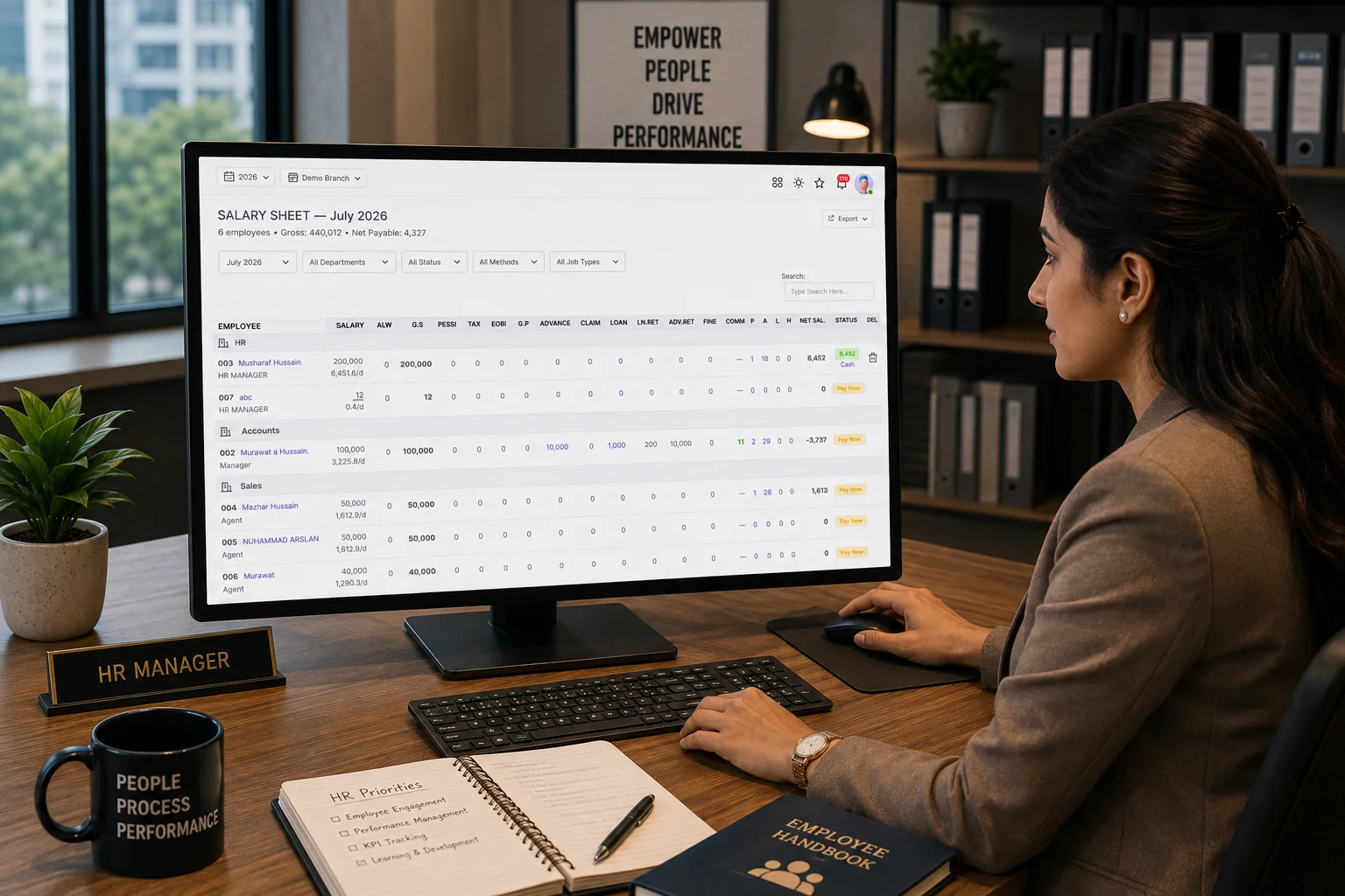 TravOps AI monthly salary sheet showing employee pay, advances, claims and net salary by department