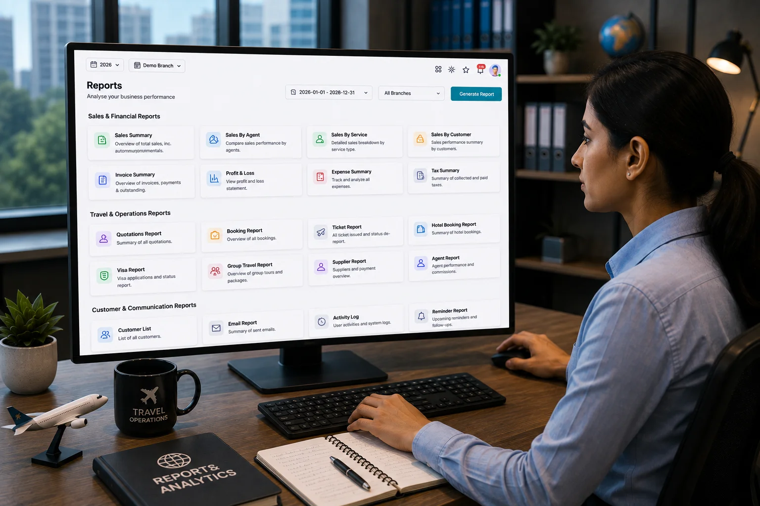 TravOps AI reports screen listing Sales & Financial, Travel & Operations, and Customer & Communication reports available to generate