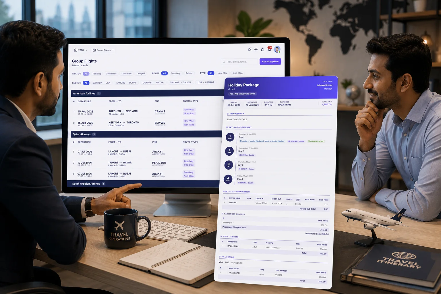 TravOps AI group flights view alongside a branded holiday package voucher with day-by-day itinerary and costing